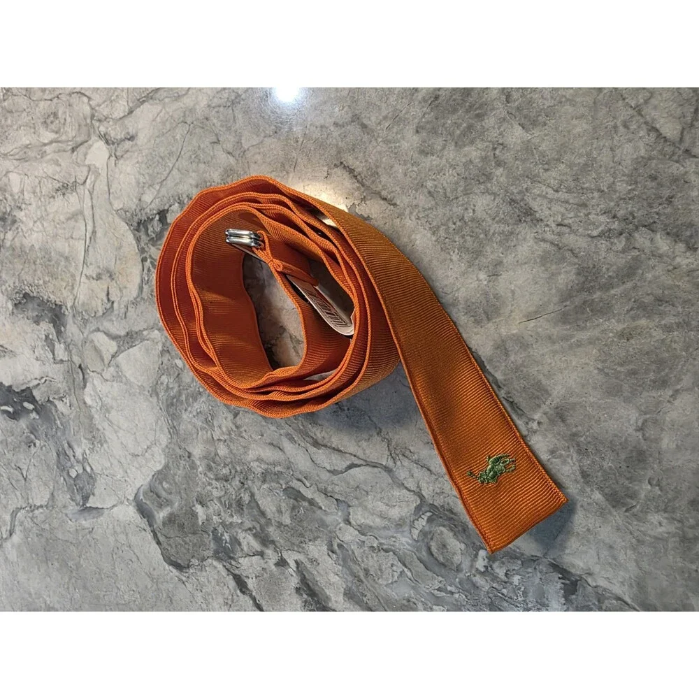 Vintage Polo Ralph Lauren Orange Webbing D-Ring Belt Green Pony USA Made LARGE